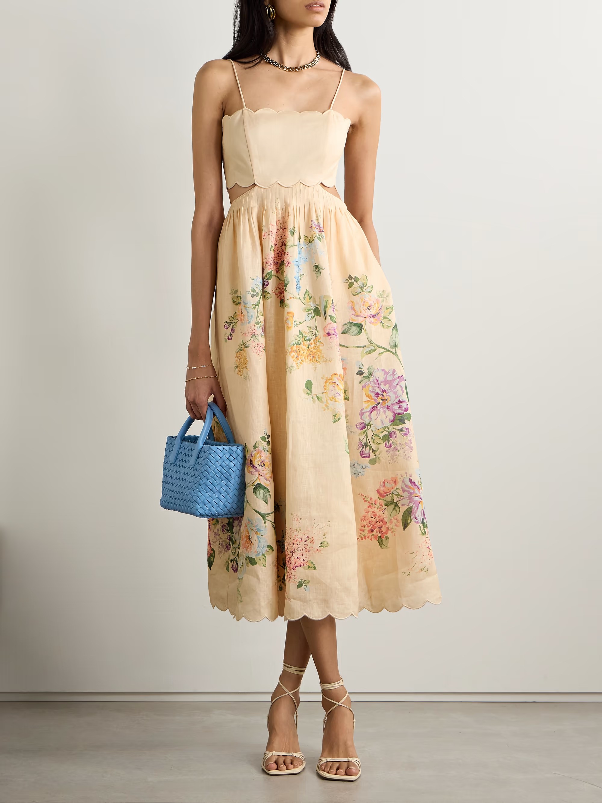 ZIMMERMANN, Halliday Cutout Scalloped Pintucked Floral-Print Linen Midi Dress