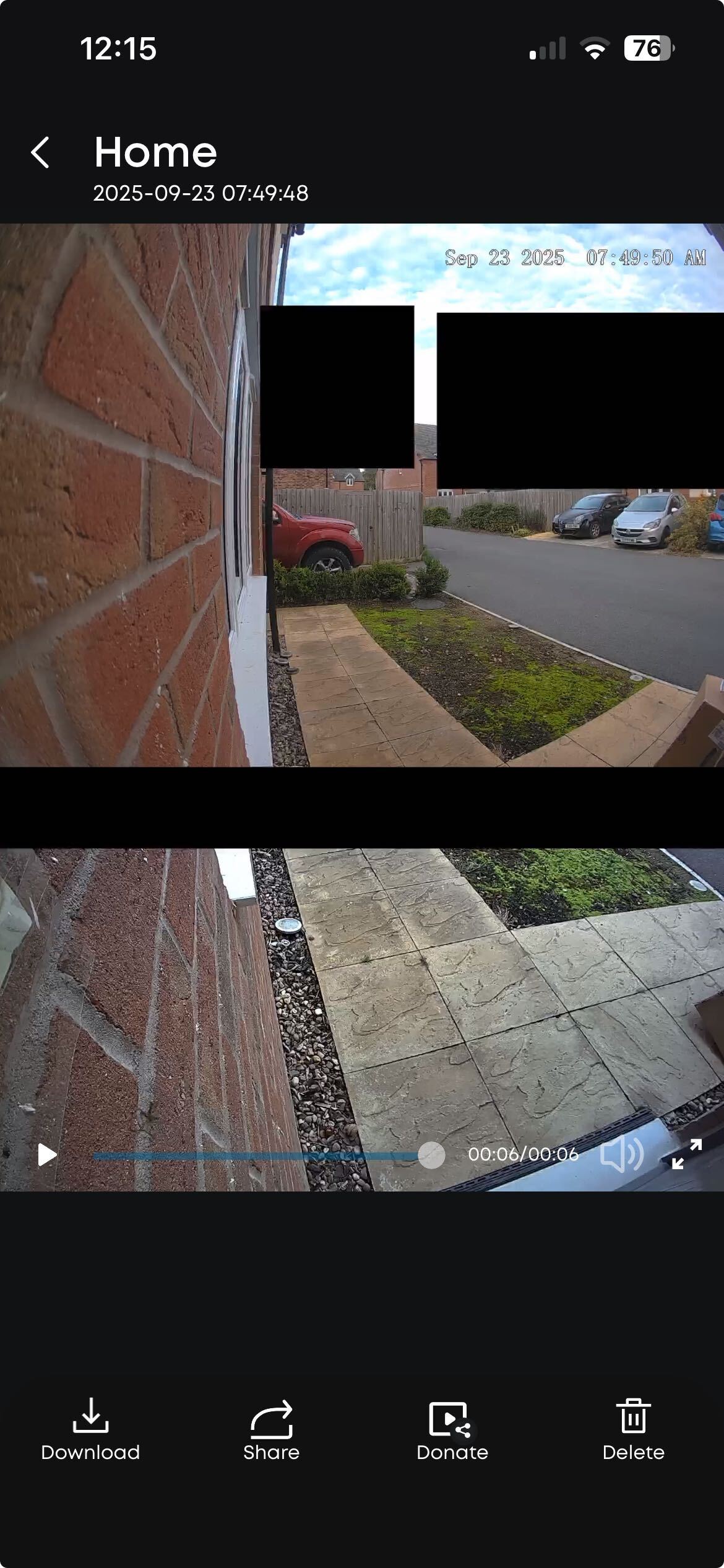 Screenshots of video clarity at 7.49 am on a cloudy morning. The dual view of what's in front of the door and on the floor is crisp and clear without the built-in light being on. Black privacy squares are available