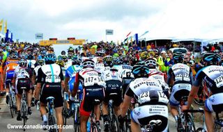 The back of the peloton climbs to the top of MT Baldy, well after the winners (Amgen Tour of California Stage 4)