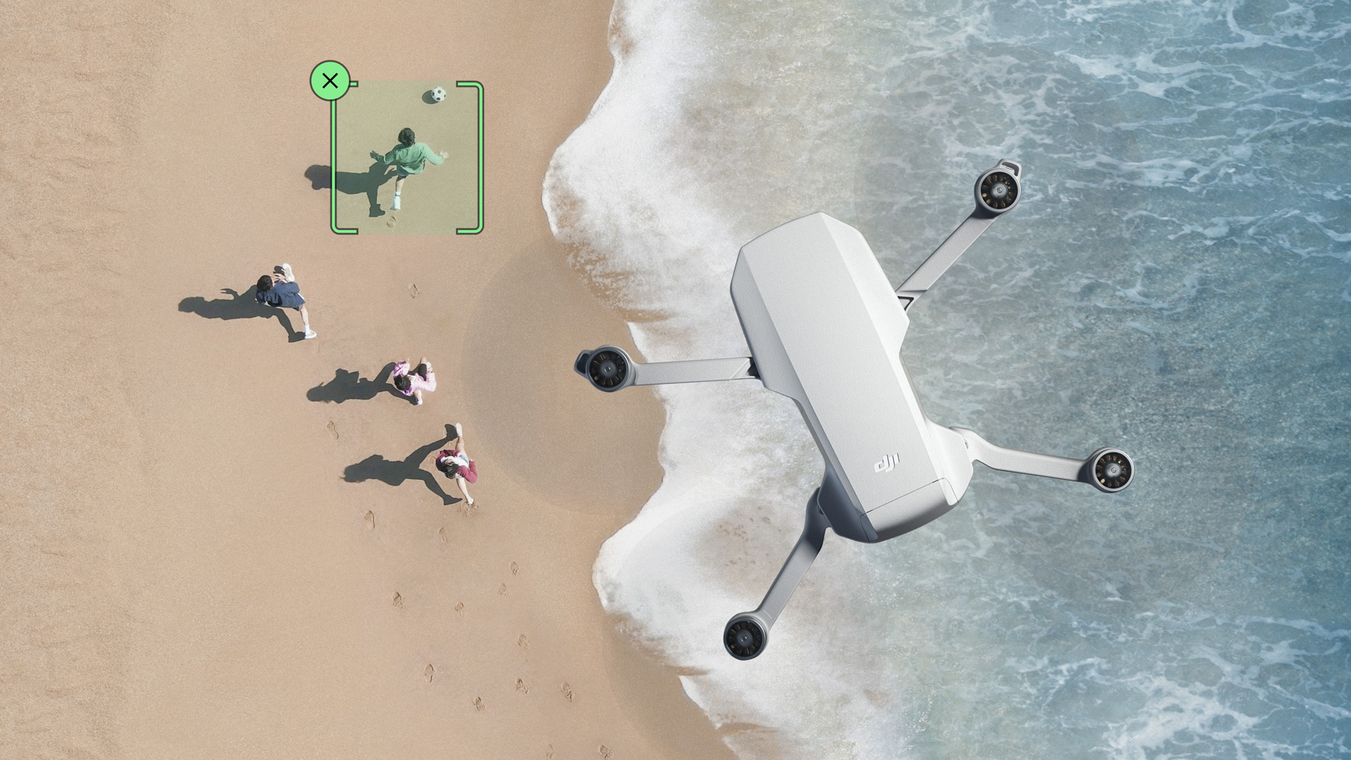 DJI Mini 4K subject tracking above people on a beach