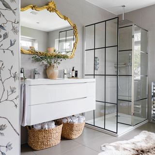 grey bathroom with shower enclosure