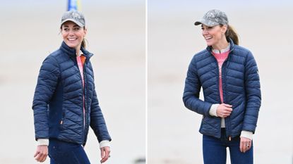 Composite of two pictures of Kate Middleton wearing a puffer jacket, baseball cap and Fair Isle jumper during a visit to West Sands beach in 2021