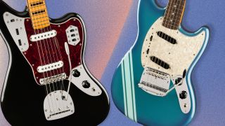 A Fender Jaguar and Fender Mustang on a gradient background