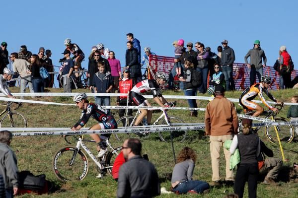 Riders and fans on one of the technical and twisty descents.