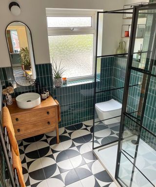 Small bathroom with geometric tiled floor