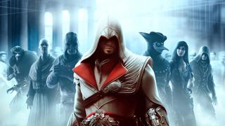 Assassin's Creed Brotherhood key art showing Ezio stood in front of a league of hidden killers