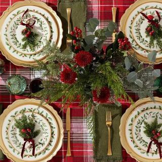 A set table with festive plates