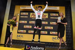 Tom Dumoulin on the Tour de France podium following his stage 9 win