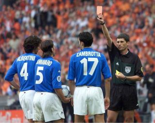 Gianluca Zambrotta is shown the red card in Italy's Euro 2000 semi-final against the Netherlands.
