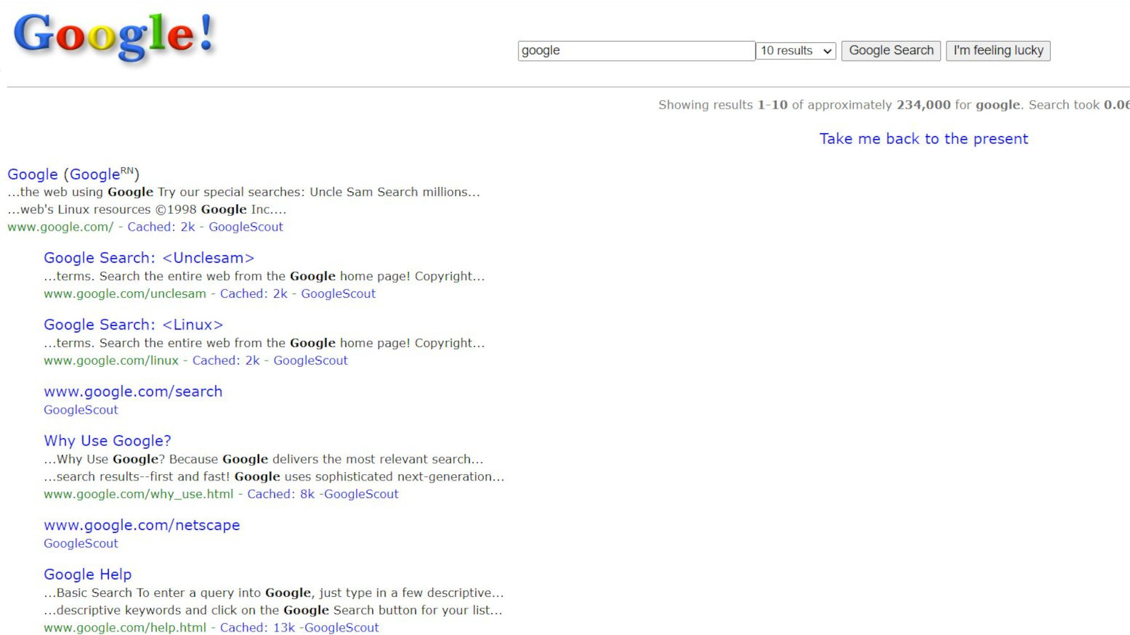 Екранна снимка на търсачката Google от 1998 г