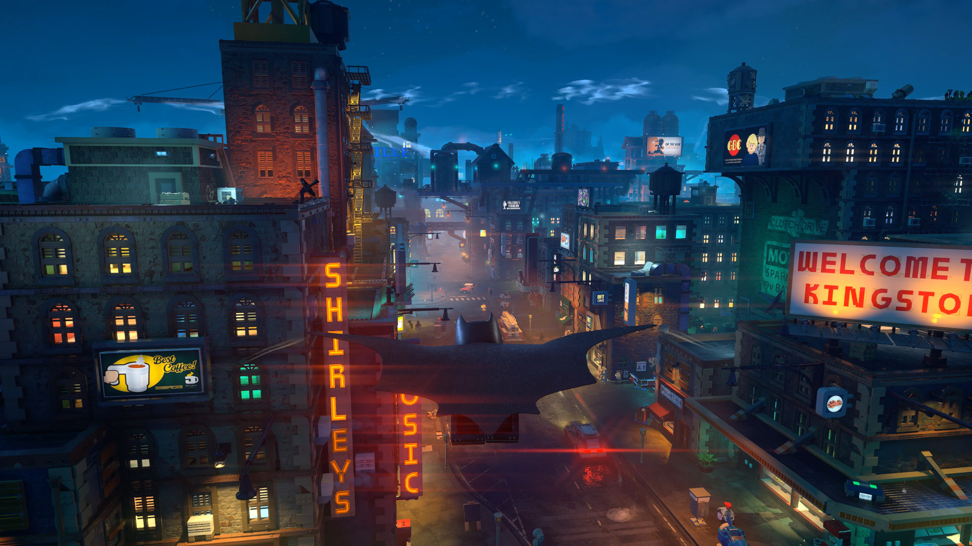Batman glides above Gotham City in Lego Batman: Legacy of the Dark Knight
