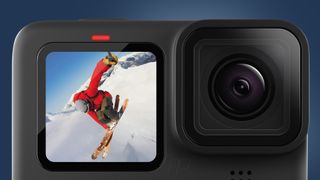 The GoPro Hero 10 Black action camera on a blue background