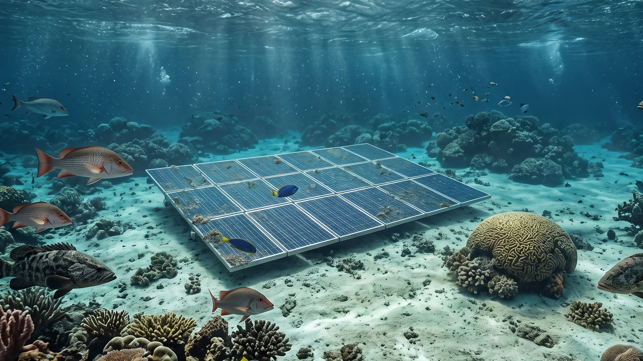 An image of an underwater solar panel below the surface of the sea.