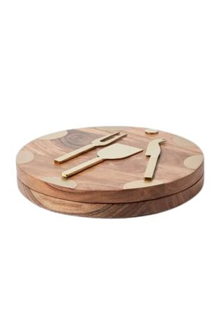 Oliver Bonas Anjo Wood & Brass Cheese Board & Knives Set - cooking gifts