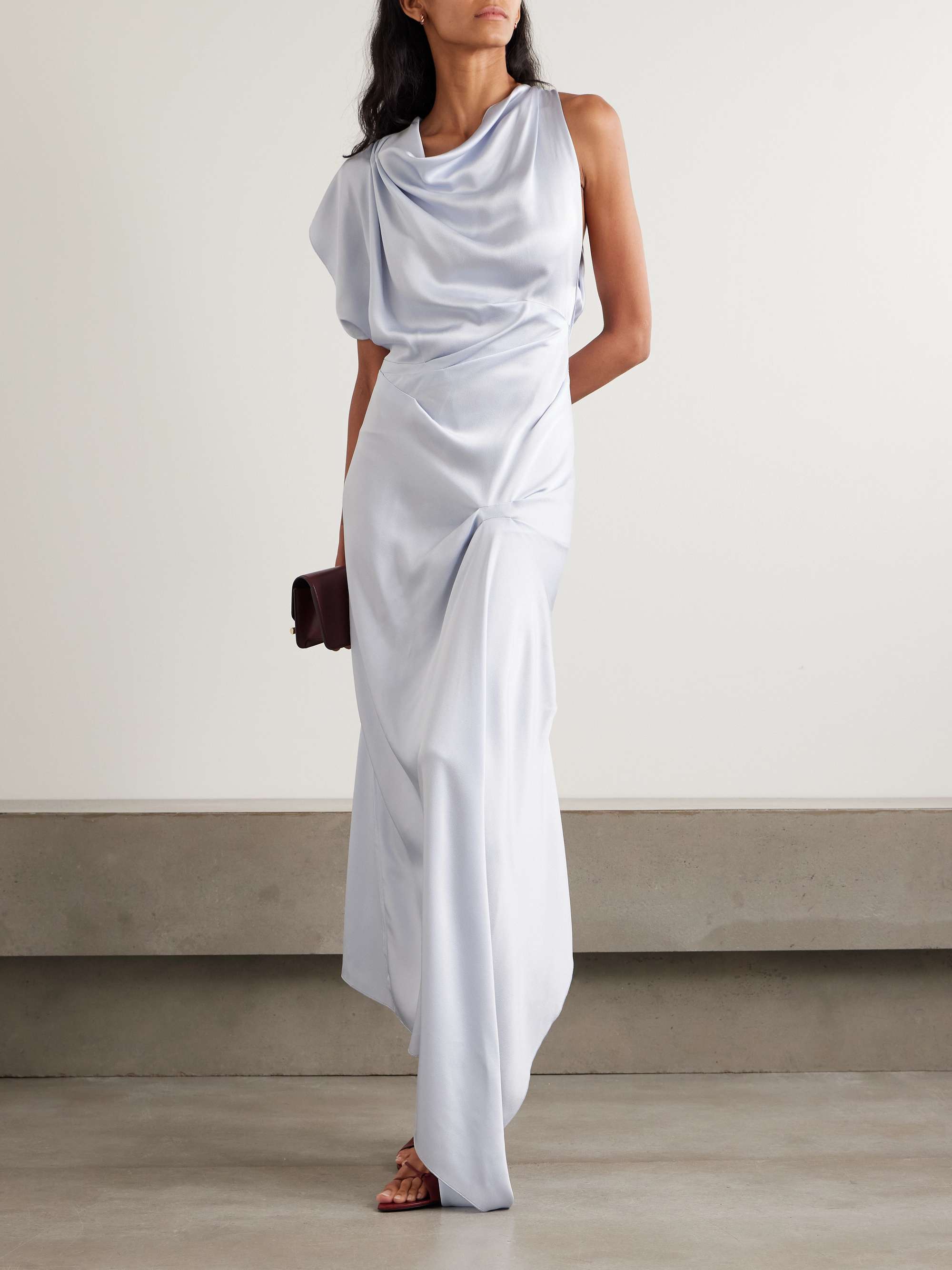 Asymmetric Draped Satin-Crepe Midi Dress
