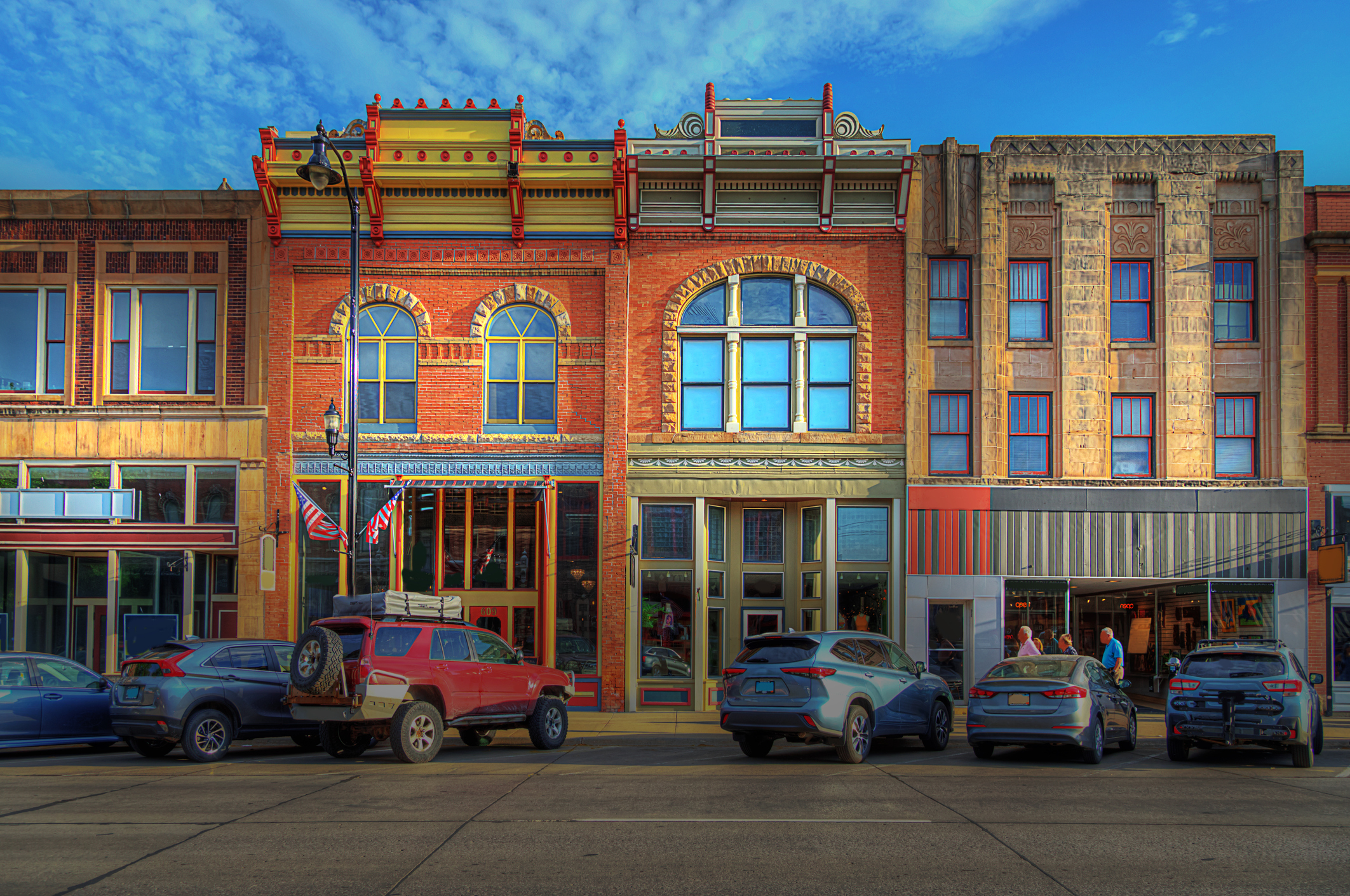Main Street in Rapid City, South Dakota of a cluster of historic buildings.