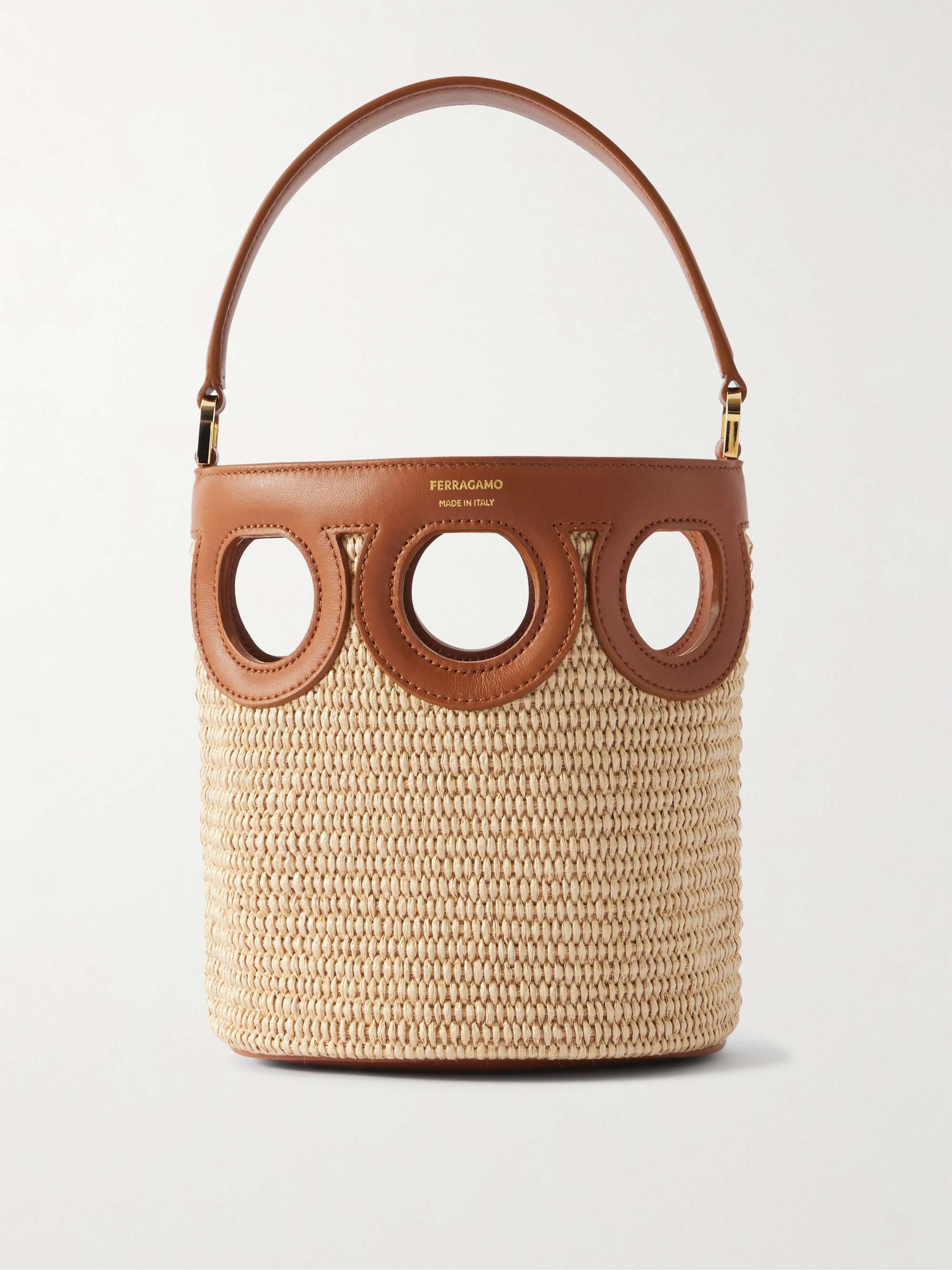 Cutout Leather-Paneled Raffia Tote