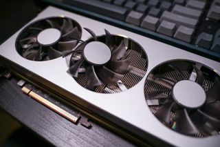 A close up of a modern GPU Graphic card unit heatsink with active fan for thermal solution