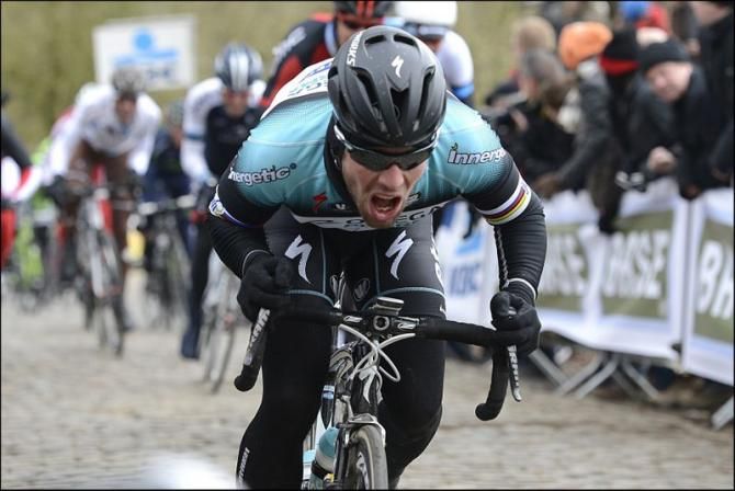 Mark Cavendish (Omega Pharma - Quick-Step) charges ahead during Gent-Wevelgem