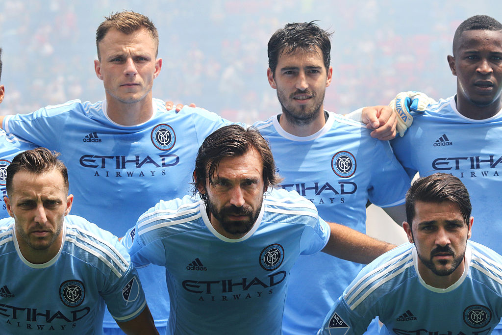 HARRISON, NEW JERSEY- JULY 24: Andrea Pirlo, (center) #21 of New York City FC with team mates including David Villa, (right), #7 and Frederic Brillant #13, Andoni Iraola #51, Jefferson Mena #23 and RJ Allen #27 during a team photograph before the New York Red Bulls Vs New York City FC MLS regular season match at Red Bull Arena, Harrison, New Jersey on July 24, 2016 in Harrison, New Jersey. (Photo by Tim Clayton/Corbis via Getty Images)