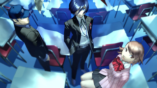 Persona 3 PC - Three characters stand in a school looking up at the camera