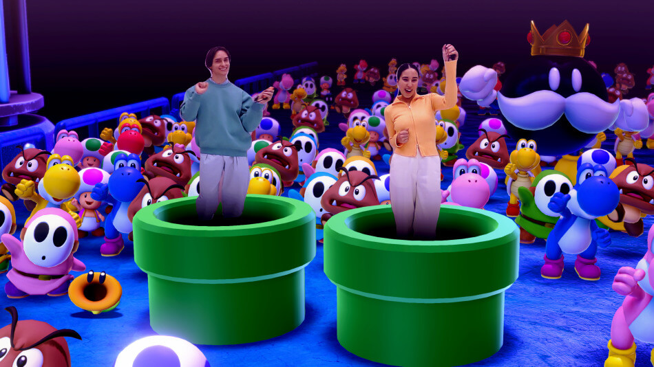 Gameplay from Super Mario Part Jamboree with players using the new Nintendo Switch 2 camera to play a mini game