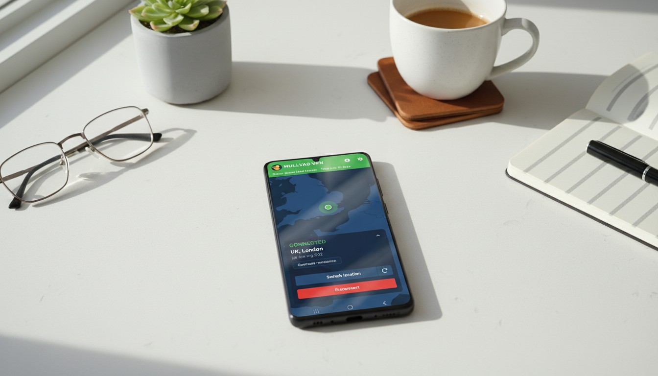 Mullvad VPN on an Android device on a kitchen counter