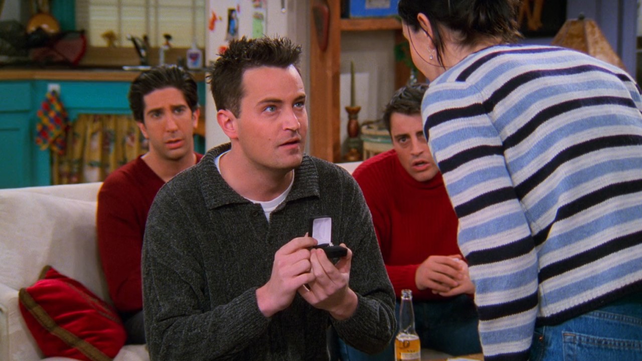 Chandler proposes to Monica after a fight in Season 5 of Friends.