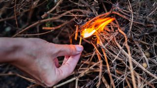 Hand setting fire to dry grass and branches with a lighted match