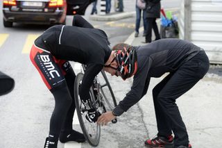 Dominik Nerz needs mechanical help on stage four of the 2014 Tour de Roamndie