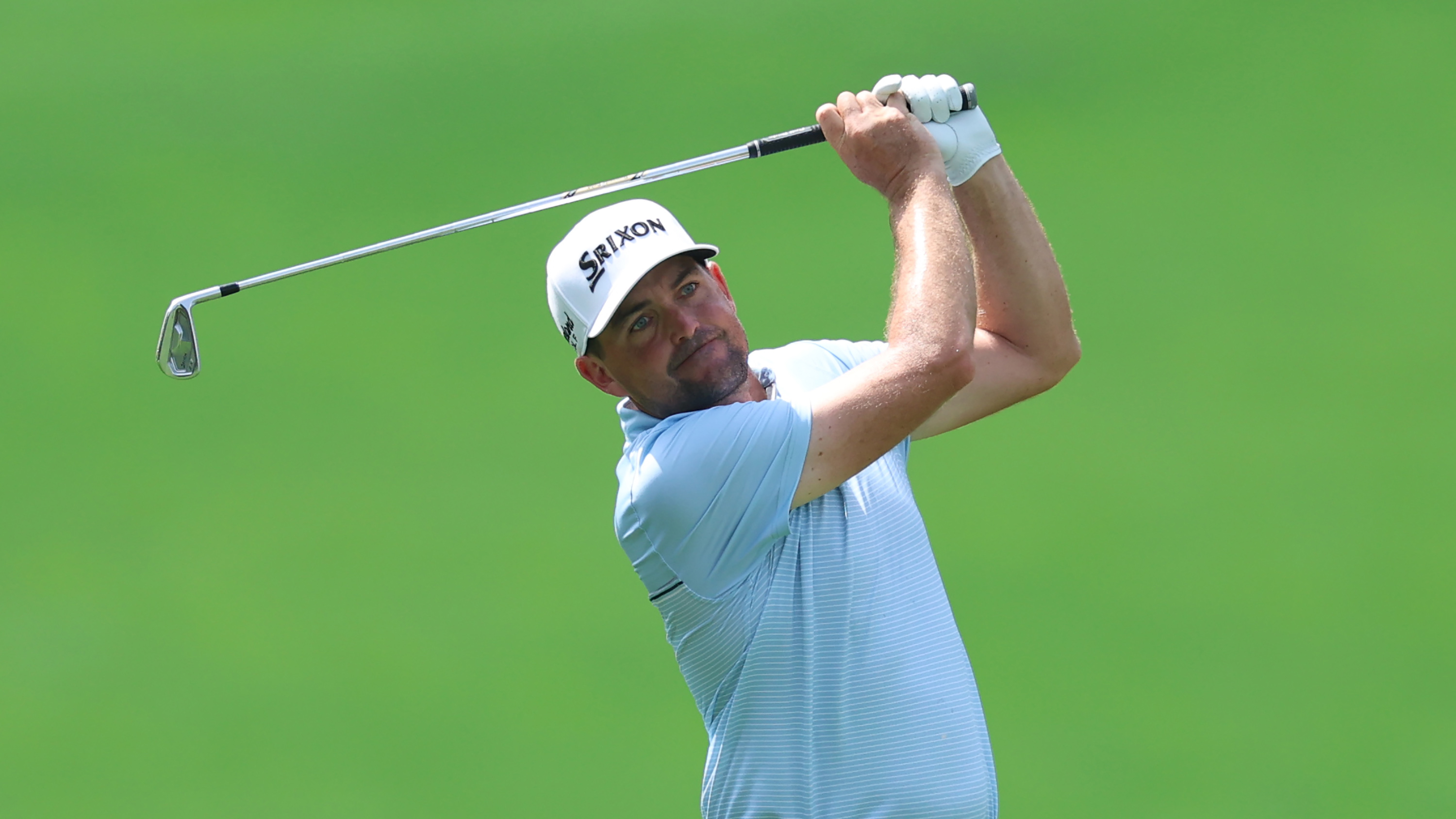 Keegan Bradley hits an iron shot during round one of the 2025 PGA Championship