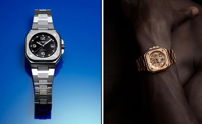 steel watch against blue background and gold watch pictured on arm