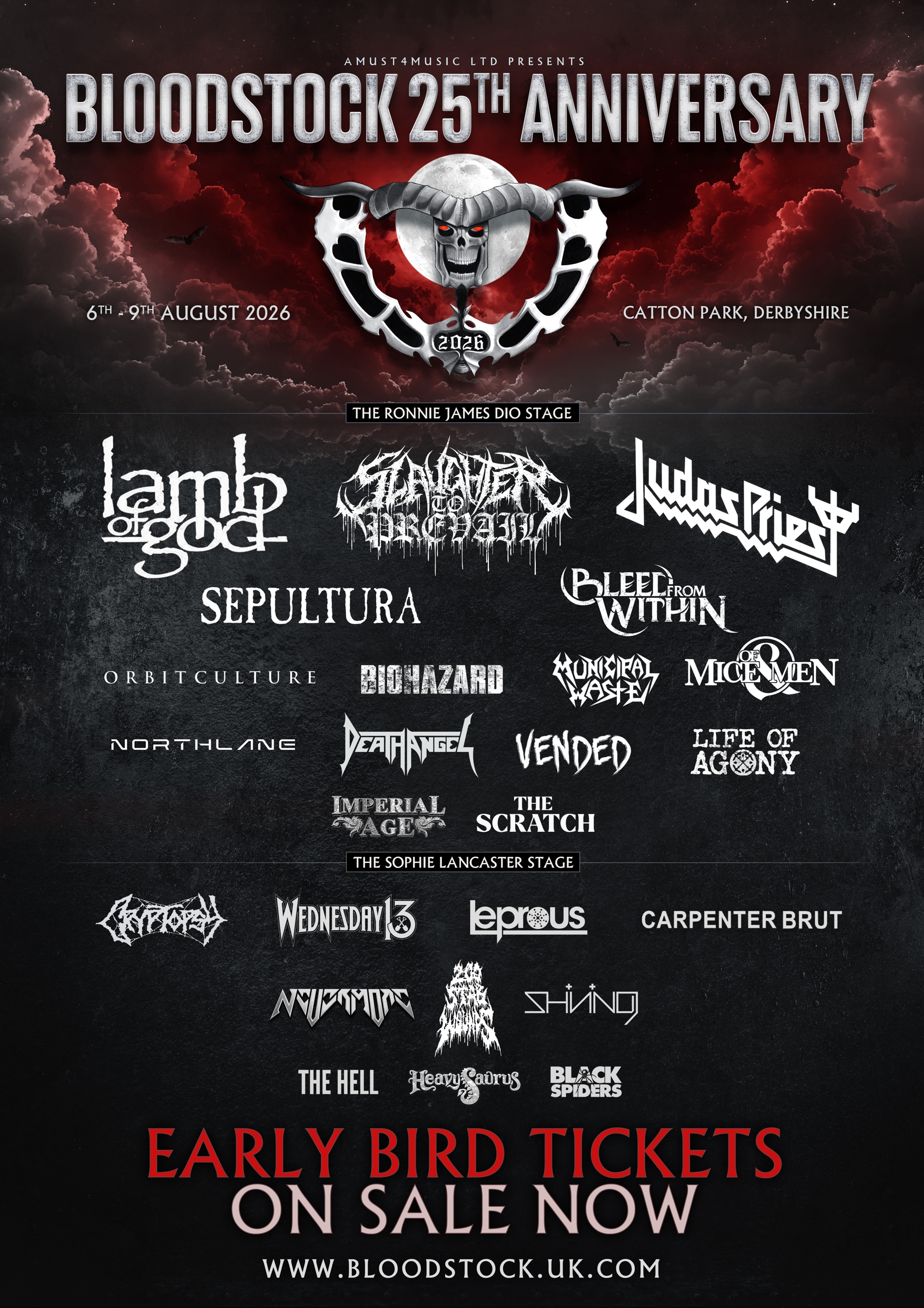 Bloodstock Open Air 2026 poster, featuring Lamb Of God, Slaughter To Prevail, Judas Priest and other metal bands