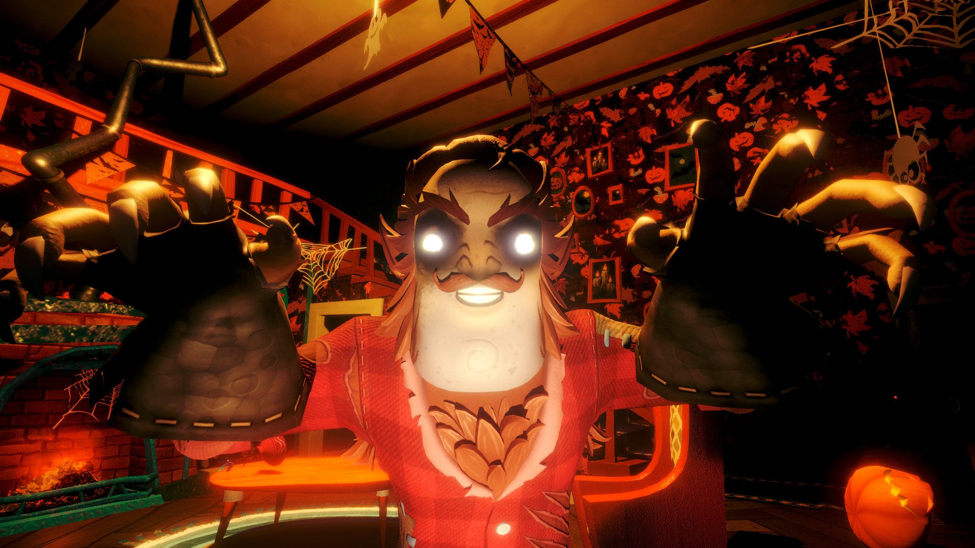 In a Halloween themed room, the neighbour raises his clawed hands toward the camera, eyes glowing white.