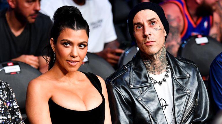 Kourtney Kardashian and Travis Barker at the UFC 264 event at T-Mobile Arena on July 10, 2021 in Las Vegas