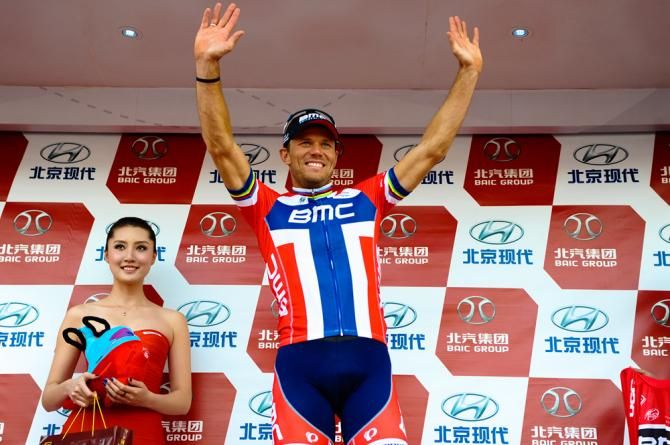 Norwegian champion Thor Hushovd (BMC) on the podium to receive the leader's jersey at the Tour of Beijing