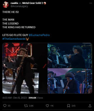 A post that reads: "THERE HE IS! THE MAN THE LEGEND THE KING HAS RETURNED LETS GO FLUTE GUY @EustachePedro #TheGameAwards"