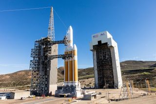 The mobile service tower rolls back from the United Launch Alliance Delta IV Heavy rocket carrying the NROL-71 spacecraft in preparation for launch from Space Launch Complex-6 at Vandenberg Air Force Base, California. The launch is scheduled to take place on Jan. 19, 2019.