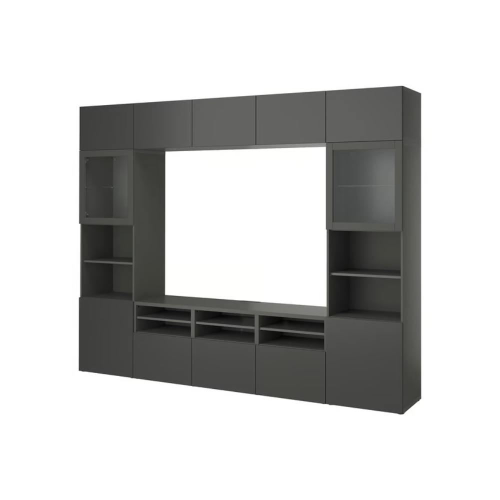 Grey media wall cabinet with open and closed storage