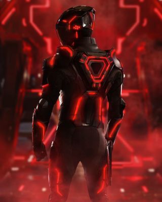 A figure in a red Grid suit in Tron: Ares.
