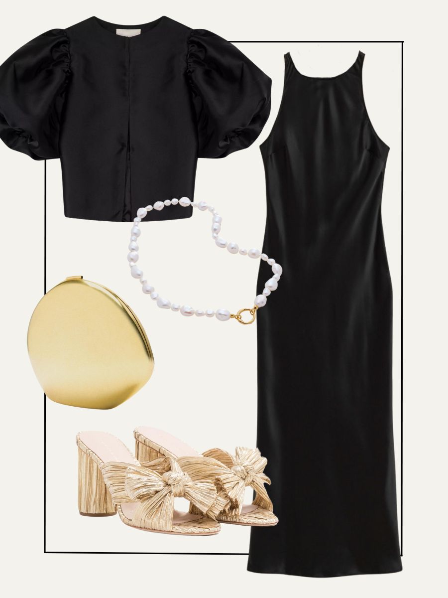 Collage of black jacket, pearl necklace, gold clutch, gold shoes and black midi dress