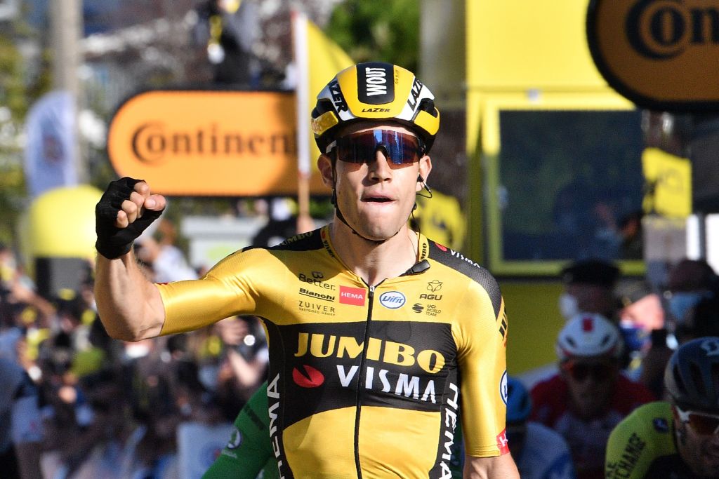 Team Jumbo rider Belgiums Wout van Aert celebrates as he crosses the finish line to win the 5th stage of the 107th edition of the Tour de France cycling race 185 km between Gap and Privas on September 2 2020 Photo by AnneChristine POUJOULAT POOL AFP Photo by ANNECHRISTINE POUJOULATPOOLAFP via Getty Images