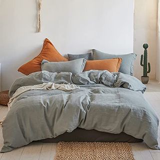 Simple&opulence 100% Linen Duvet Cover Set 2pcs Basic Style Natural French Washed Flax Solid Color Soft Breathable Farmhouse Bedding With Button Closure - Ultimate Grey, Twin