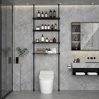 XIHUAN Adjustable Over The Toilet Storage Floor to Ceiling, Freestanding Bathroom Organizer Over Toilet Shelf with Tension Poles, 4 Tier Metal Rack,Black