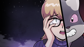 Key art for Kumitantei: Old-School Slaughter showing a close-up of Himari's face, who has hands on her cheek covering her glasses in shock, cut together with the grinning fance of Nyanus, a cat mascot character