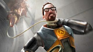 Official Half-Life 2 artwork from Valve showing protagonist Gordon Freeman wrangling with an alien creature