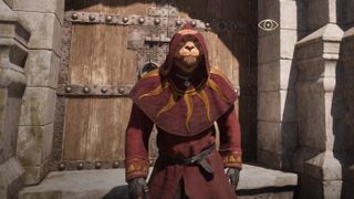 Oblivion - A khajiit in a red robe crouches hidden in front of a door