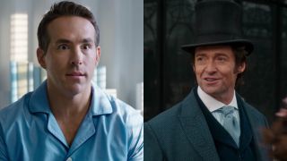 Guy (Ryan Reynolds) wakes up in Free Guy, and P.T. Barnum (Hugh Jackman) has a conversation in The Greatest Showman