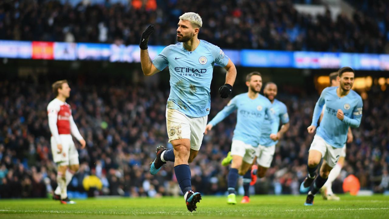 Man City striker Sergio Aguero celebrates his opening goal against Arsenal on 3 February