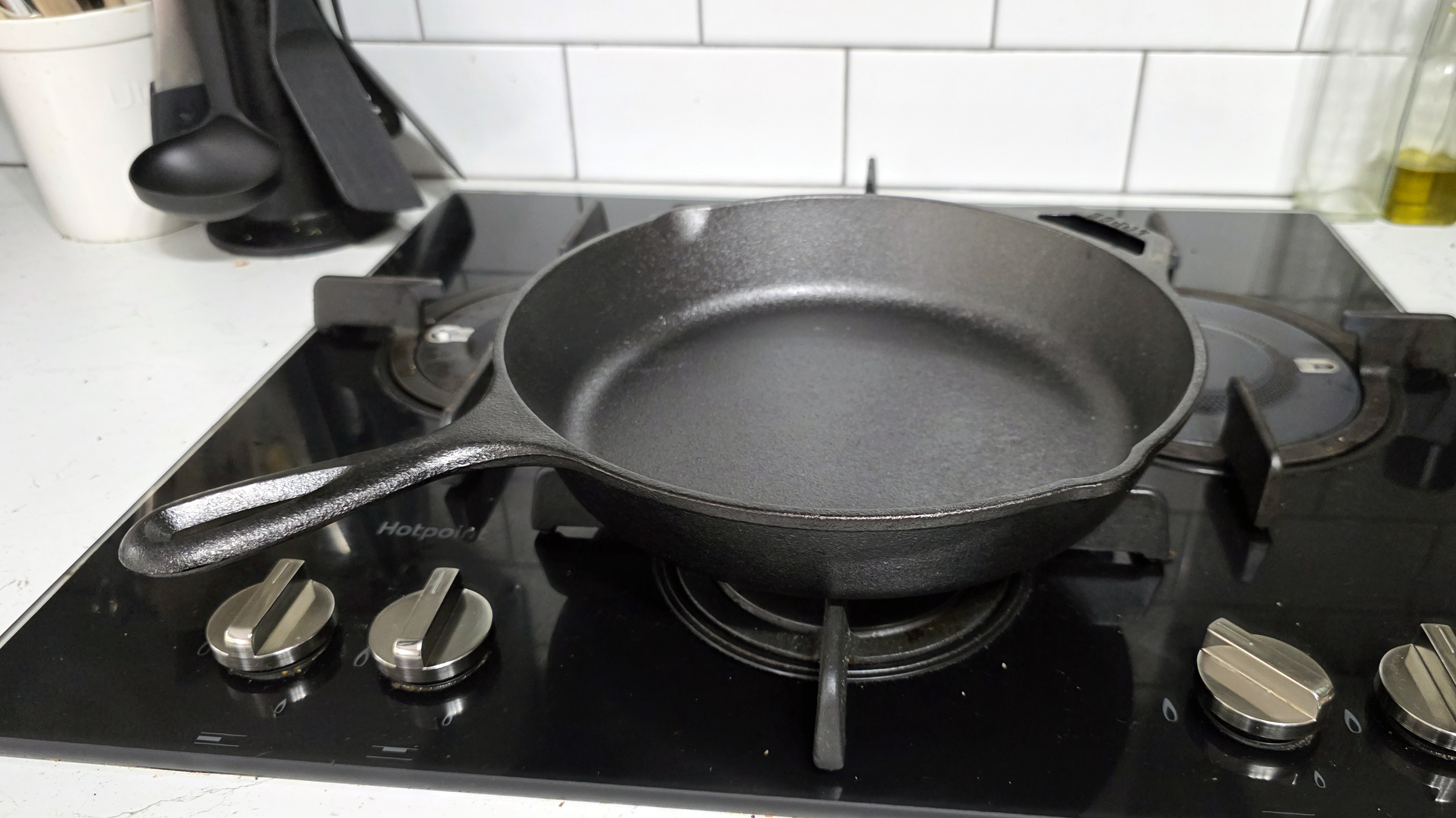 Cast iron skillets on a gas stove